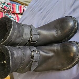 Ross & Snow Cristiana Black Leathetr Shearling Moto Boots. Made in Italy